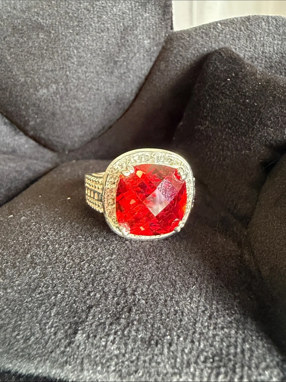 Red Cushion-Cut Cocktail Ring with Antique Silver Setting
